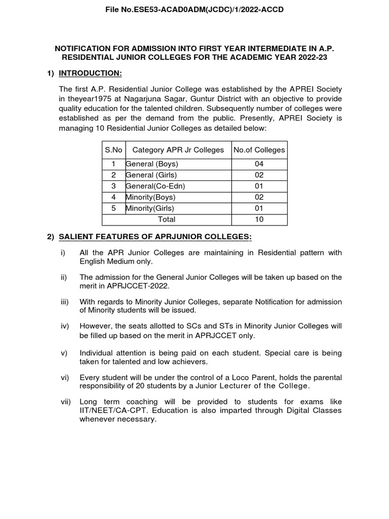 APRJC Admission Notification 2022-23 | PDF | University And College ...