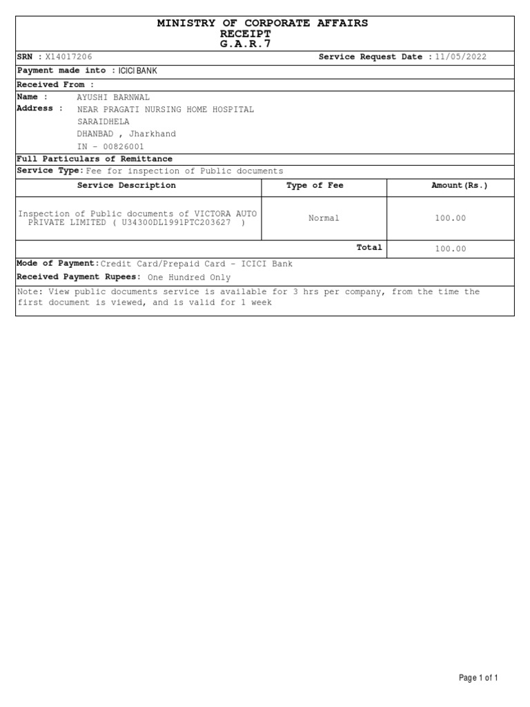 Ministry of Corporate Affairs Receipt G.A.R.7 | PDF