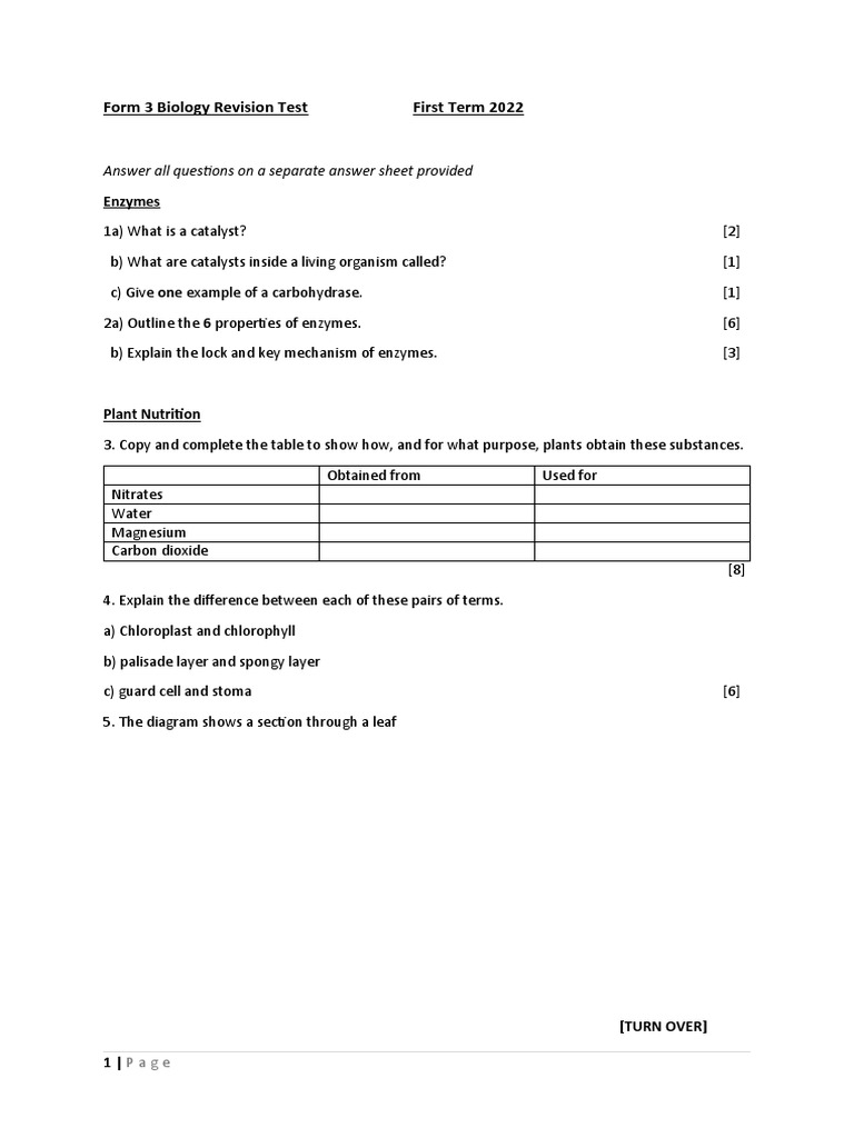 Form 3 Biology Revision Test First Term 2022: Answer All Questions On A ...