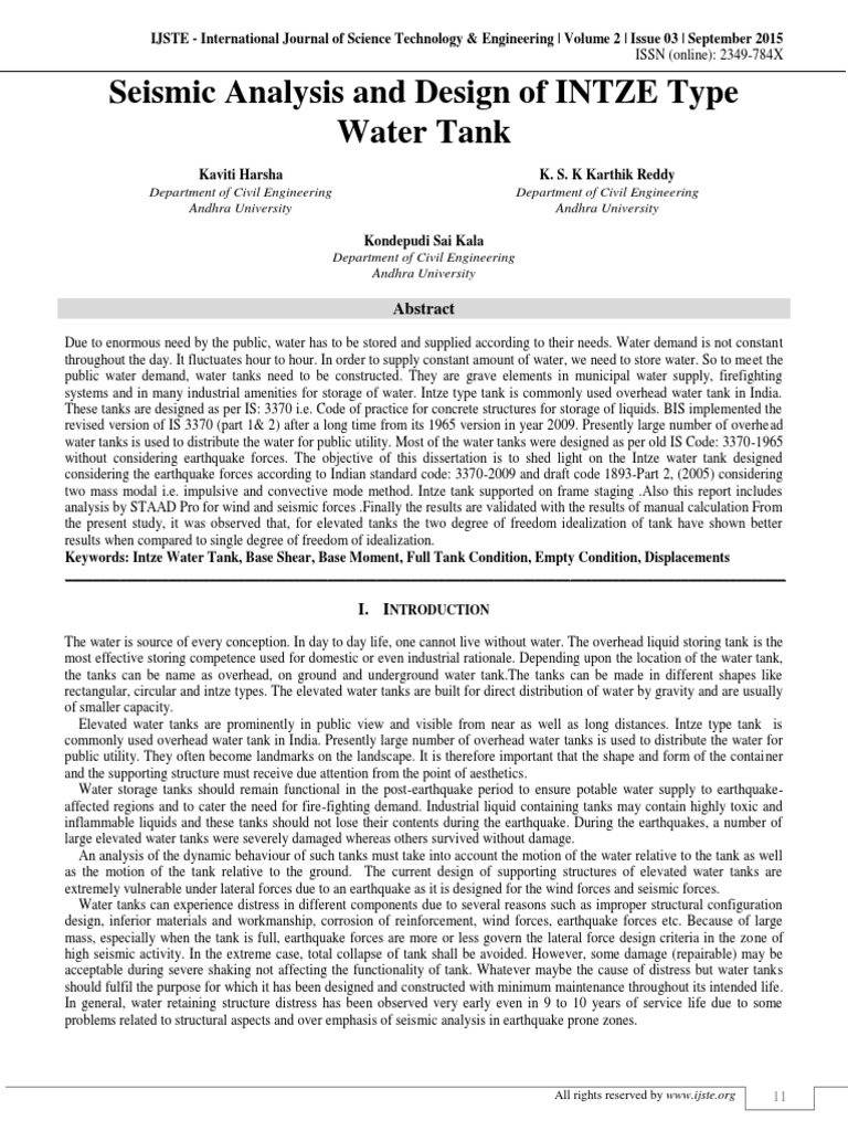 Seismic Design of Intze Water Tanks | PDF | Seismology | Beam (Structure)