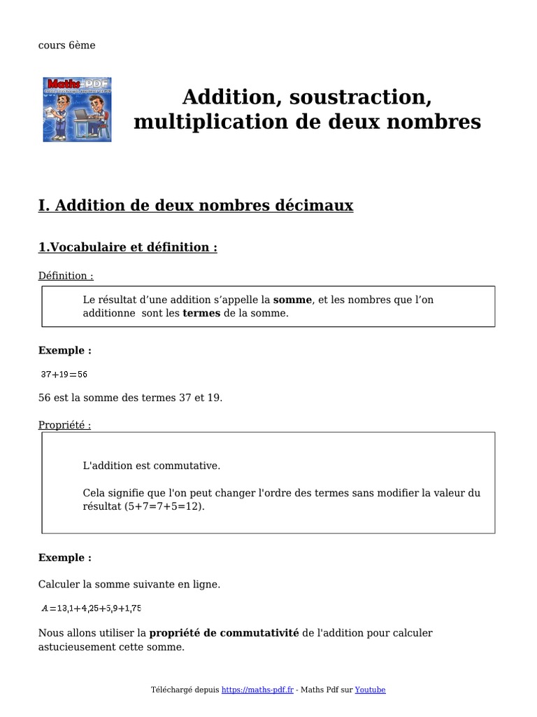 Exercice De Math 6eme Addition Soustraction Multiplication Pdf Addition Soustraction Multiplication de Deux Nombres Cours de Maths en 6eme  A Telecharger en PDF | PDF | Multiplication | Somme (arithmétique)
