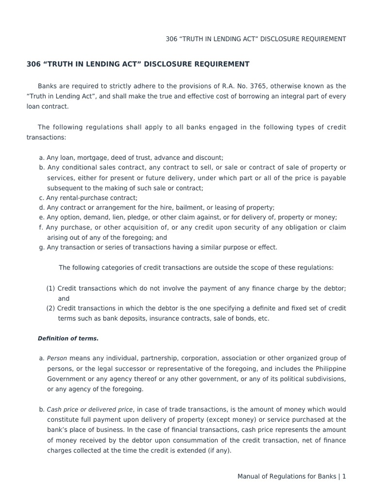 BSP TRUTH IN LENDING ACT DISCLOSURE REQUIREMENT | PDF | Finance & Money ...