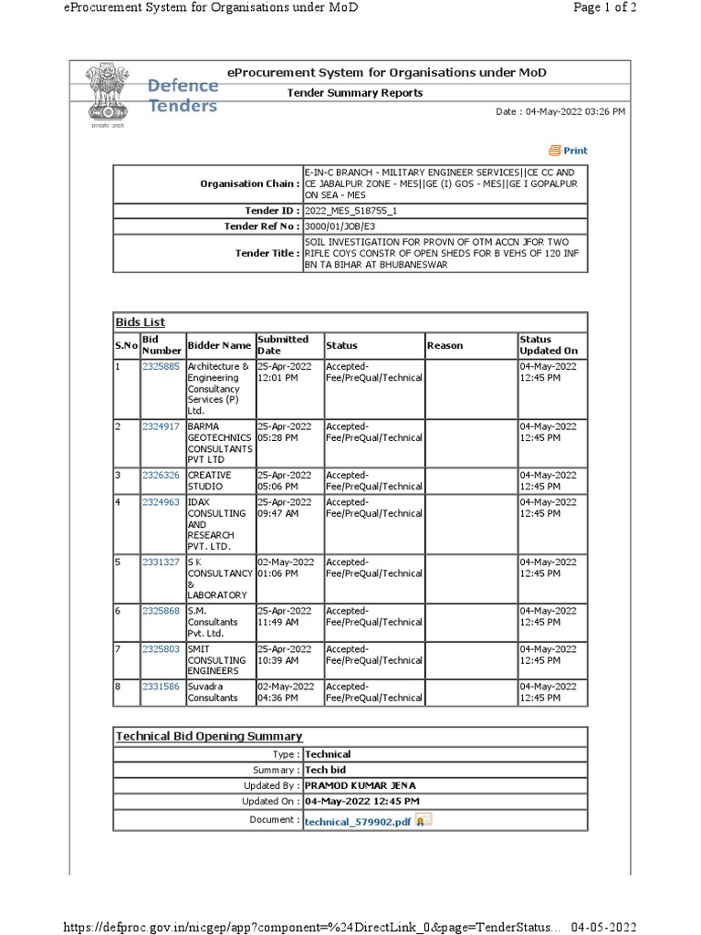 Eprocurement System For Organisations Under Mod: Bids List | PDF ...