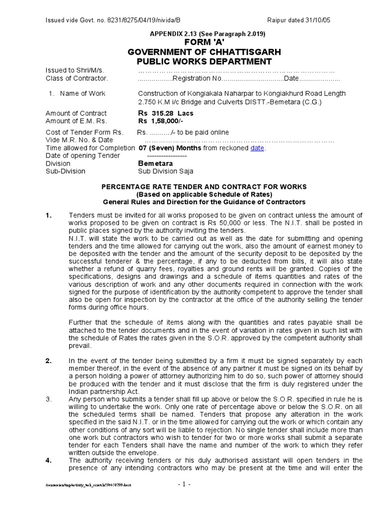 Chhattisgarh PWD Tender Guidelines | PDF | Employment | Damages