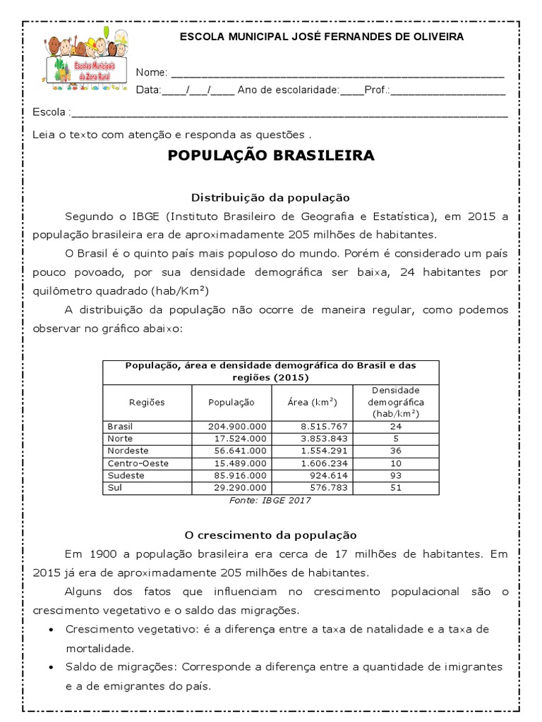 Atividades sobre População Brasileira 5º Ano | PDF | População mundial ...
