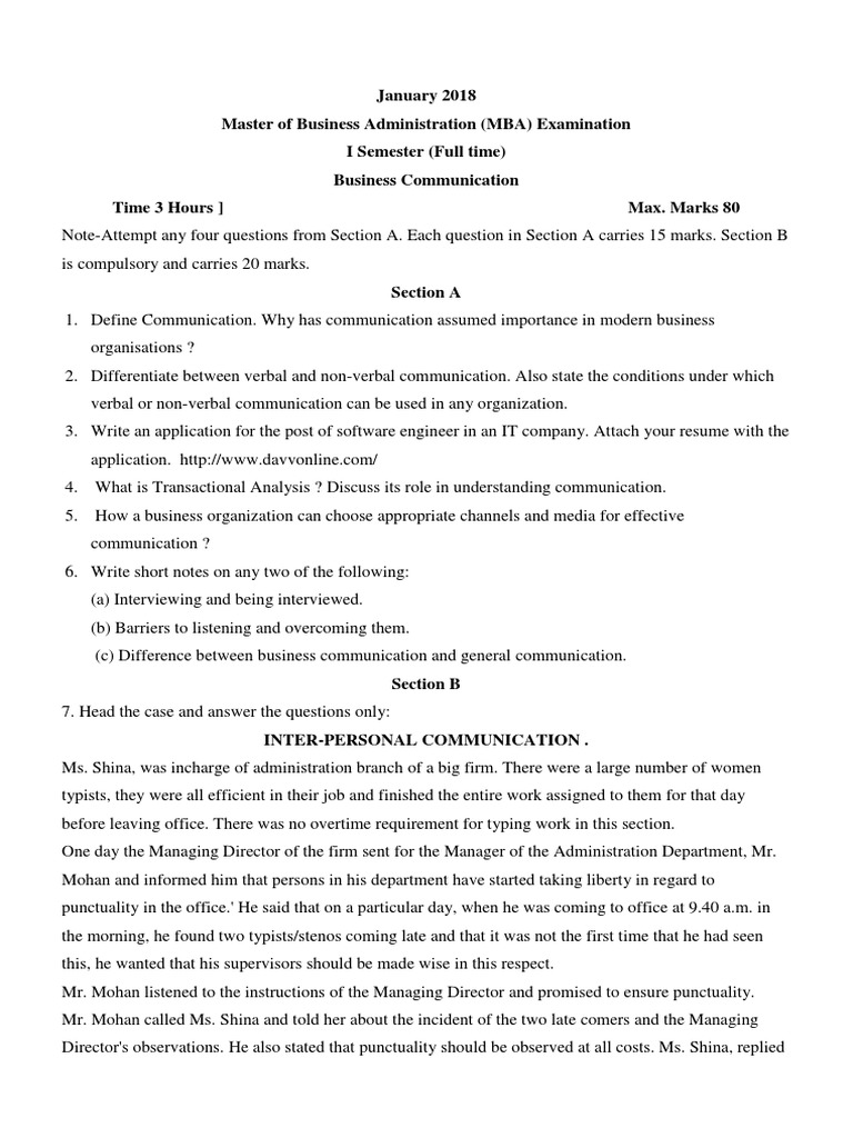MBA Business Communication Exam 2018 | PDF | Communication | Nonverbal ...