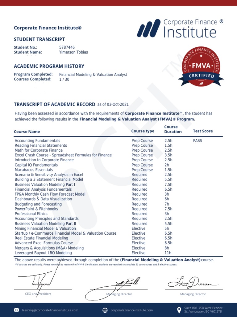 Student Transcript Corporate Finance Institute®: Student No.: Student ...