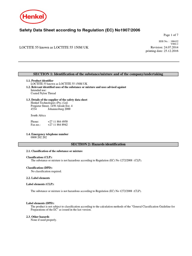 Safety Data Sheet According To Regulation (EC) No1907/2006 LOCTITE 55