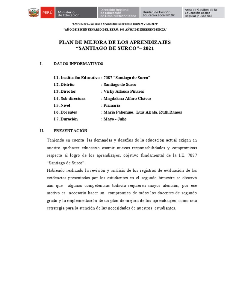 Plan de Mejora Educativa 2021 en Surco | PDF | Evaluación | Aprendizaje
