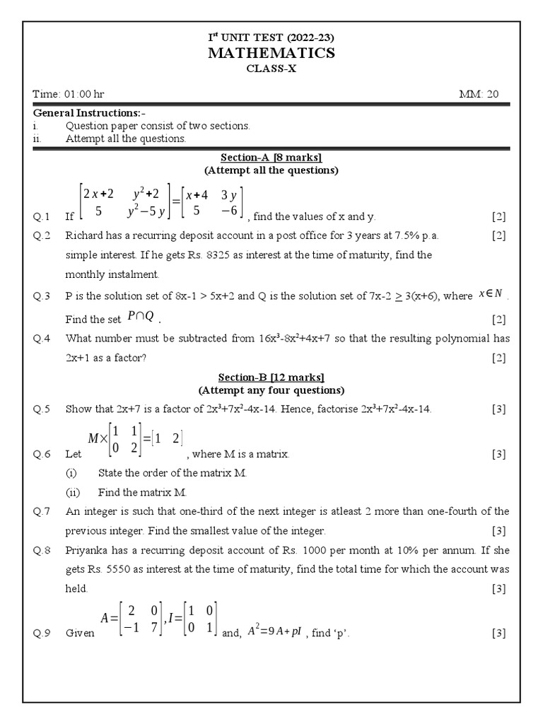 Class 10 Mathematics Unit Test 2022-23 | PDF | Factorization | Arithmetic
