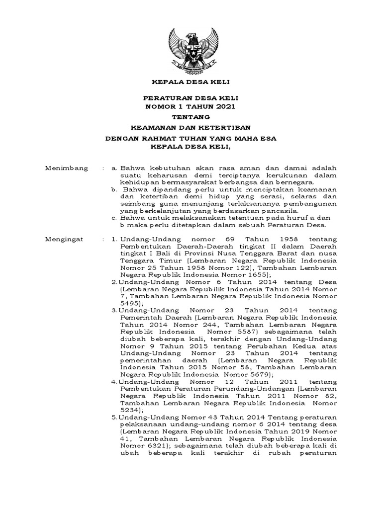 Perdes Desa Keli Tentang Keamanan Dan Ketertiban 2020 PDF