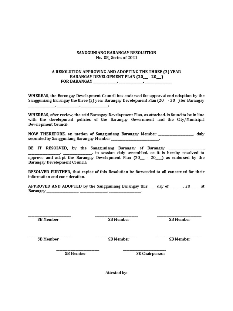 Barangay Resolution Adopting BDRRM Plan | PDF | Government