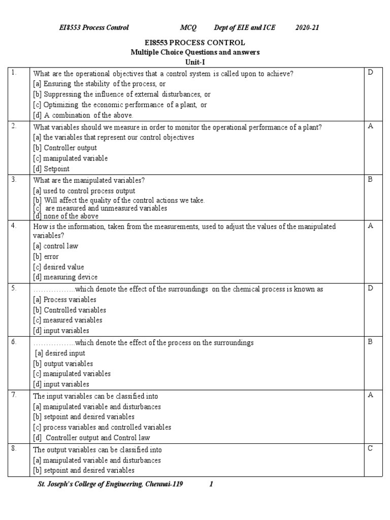 Process Control MCQ Final PDF Control Theory Valve