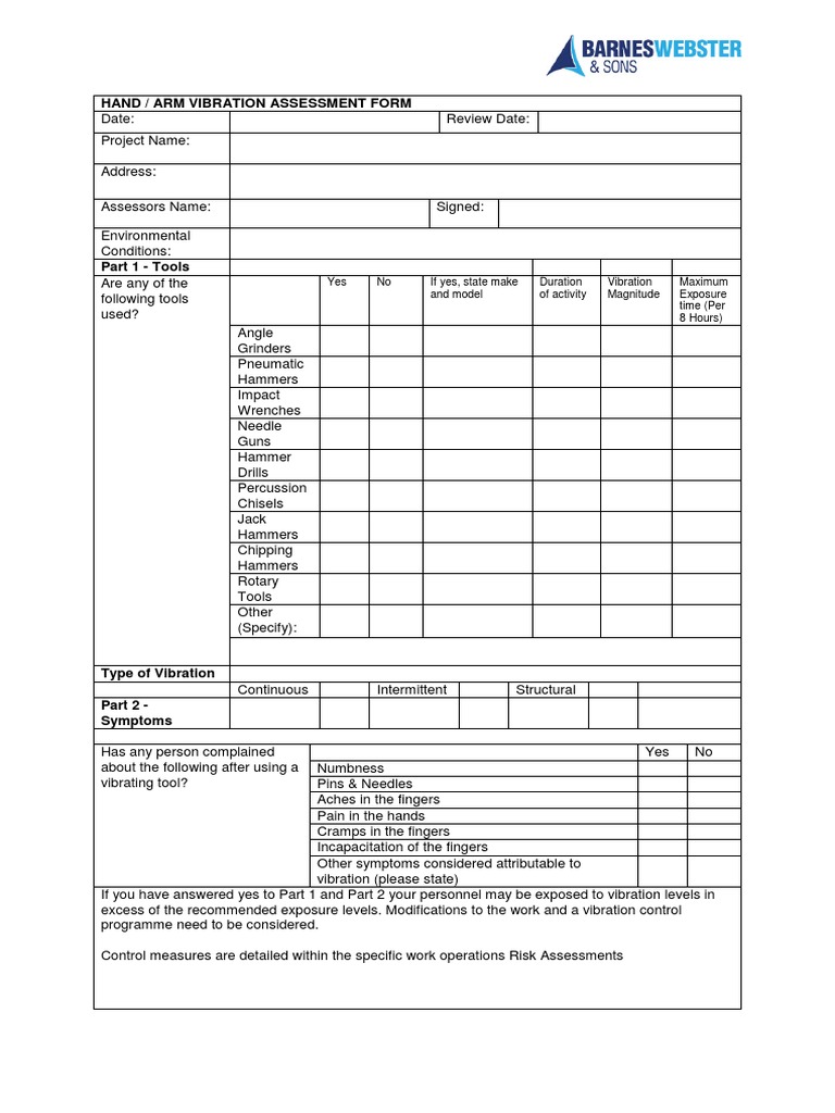 Hand-Arm Vibration Assessment Form | PDF