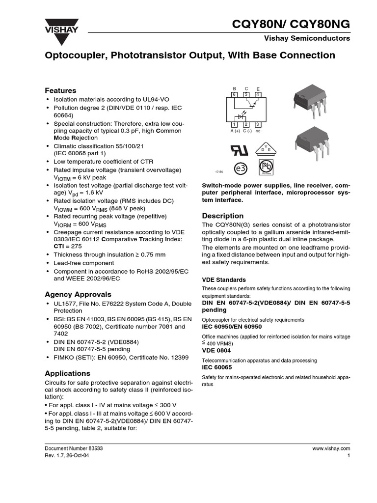 CQY80N/ CQY80NG Optocoupler, Phototransistor Output, With Base