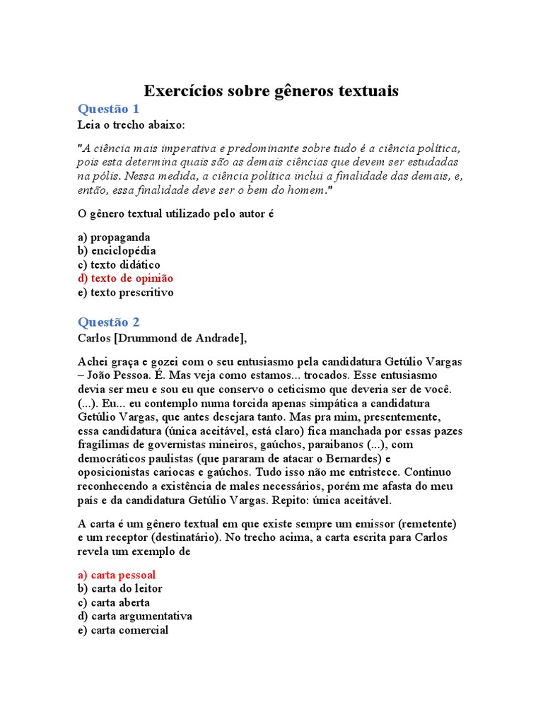 Análise de gêneros textuais presentes em exercícios | PDF