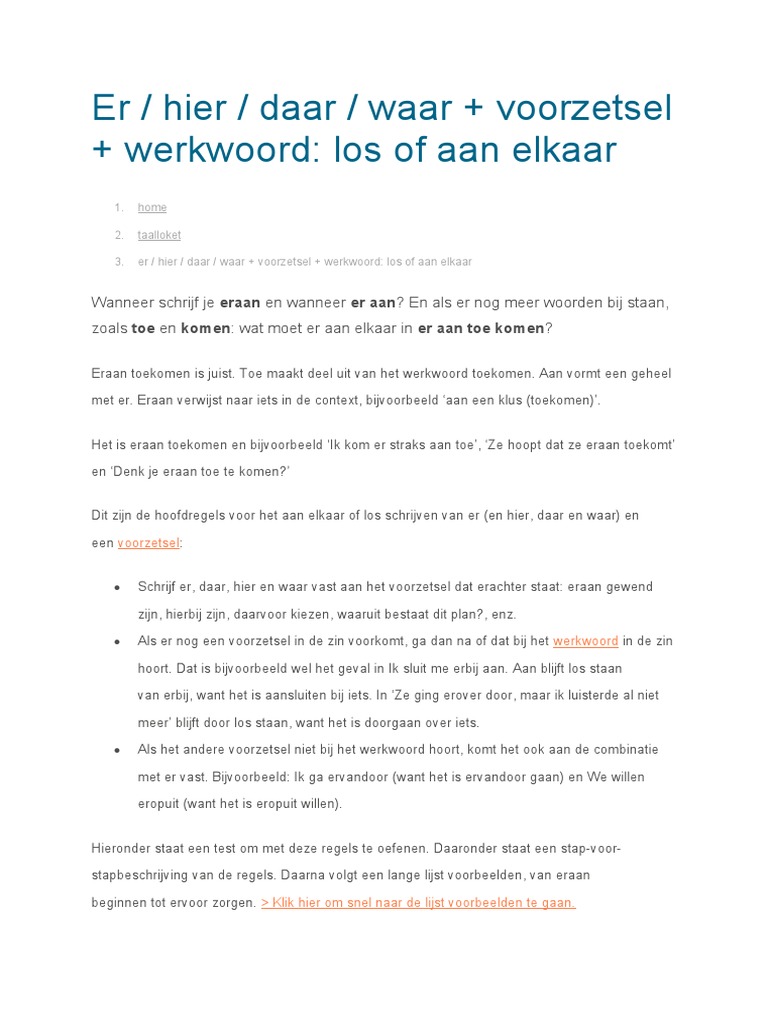 Er - Hier - Daar - Waar + Voorzetsel + Werkwoord - Los of Aan Elkaar | PDF