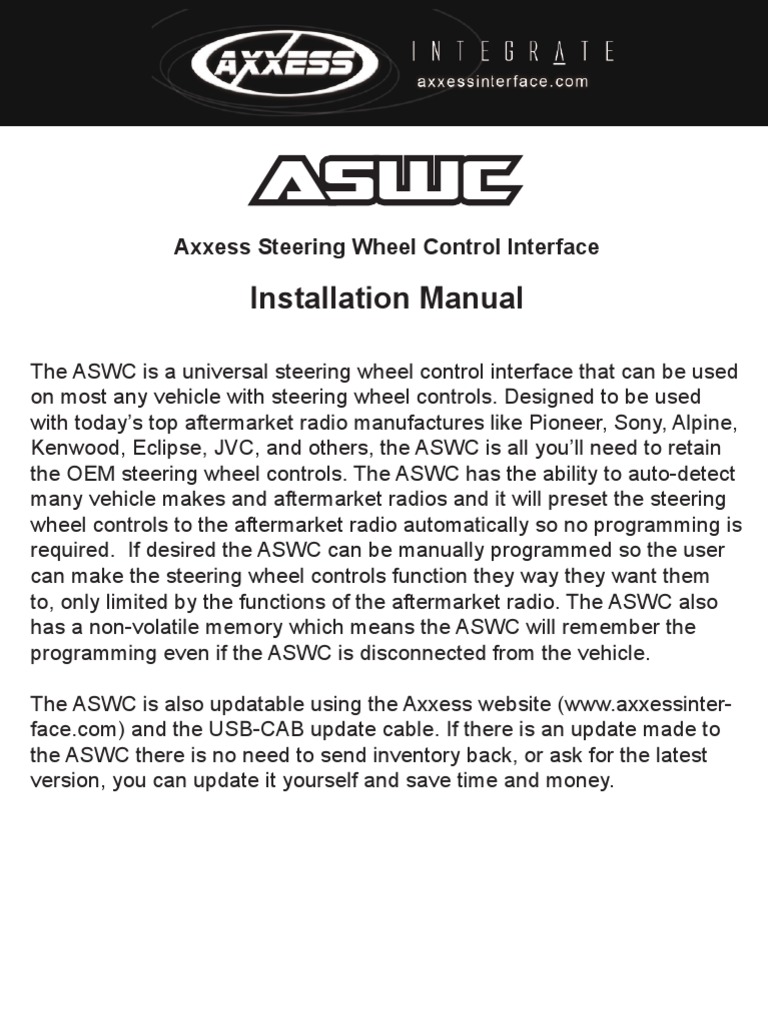Installation Manual Axxess Steering Wheel Control Interface PDF