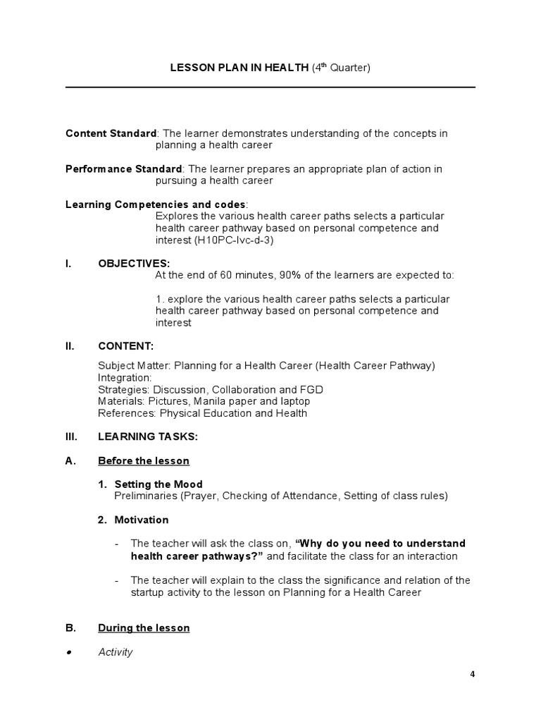 Health Career Pathways Lesson Plan | PDF | Health Care | Teachers