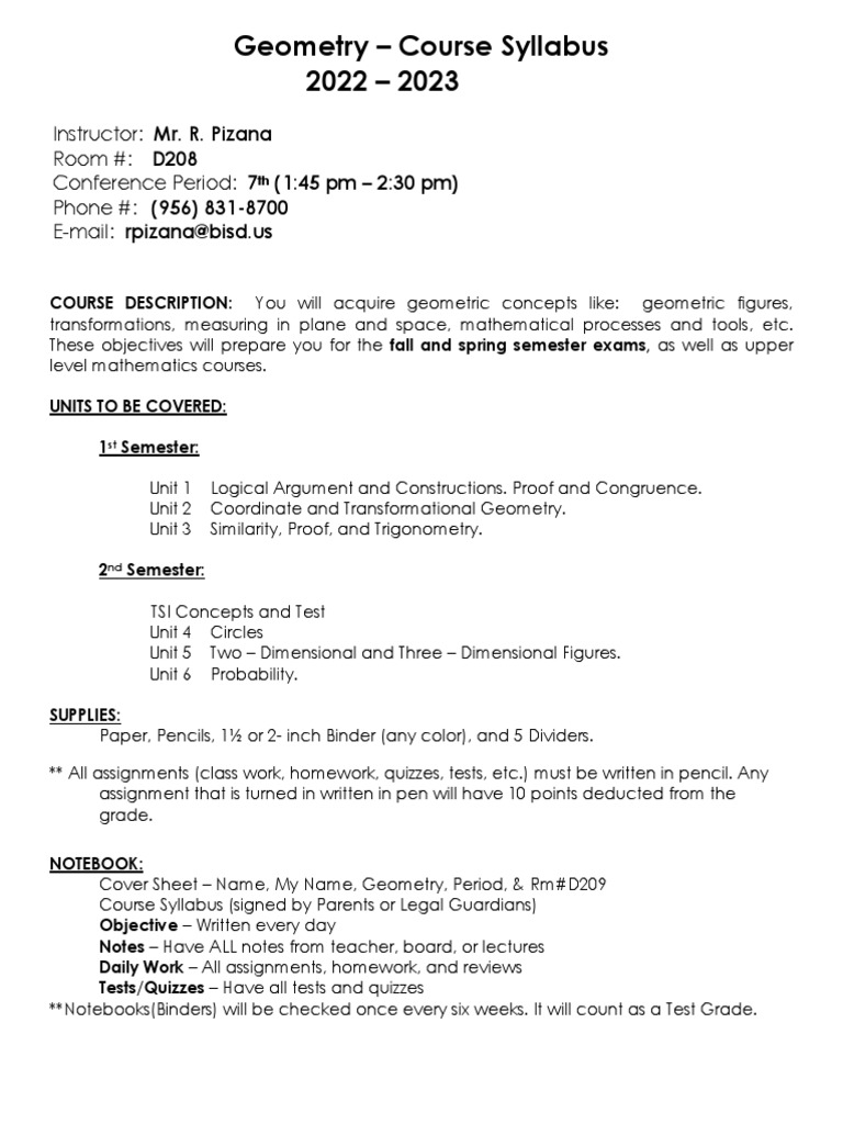 Geometry Course Syllabus 2022-2023 | PDF | Geometry | Test (Assessment)