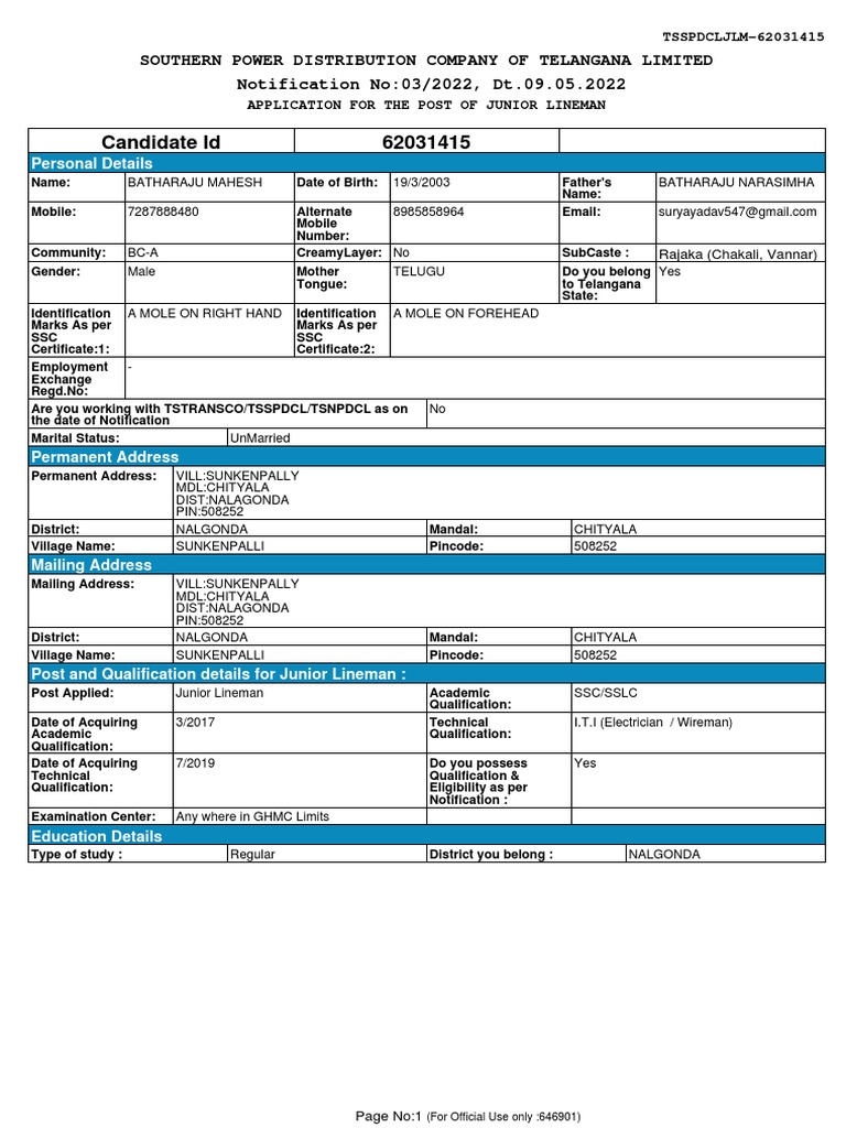 Junior Lineman Application - TSSPDCL | PDF | Justice | Crime & Violence
