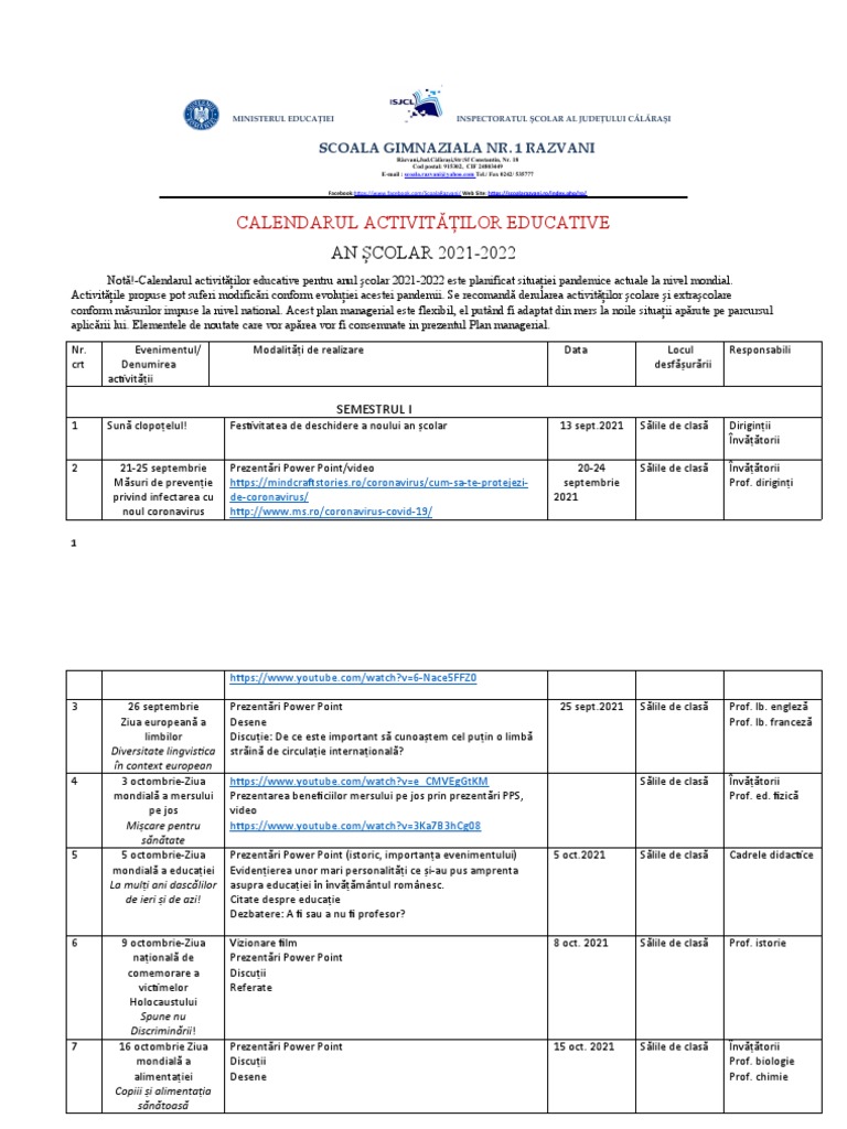 Calendar Activitati Extrascolare 20212022 PDF
