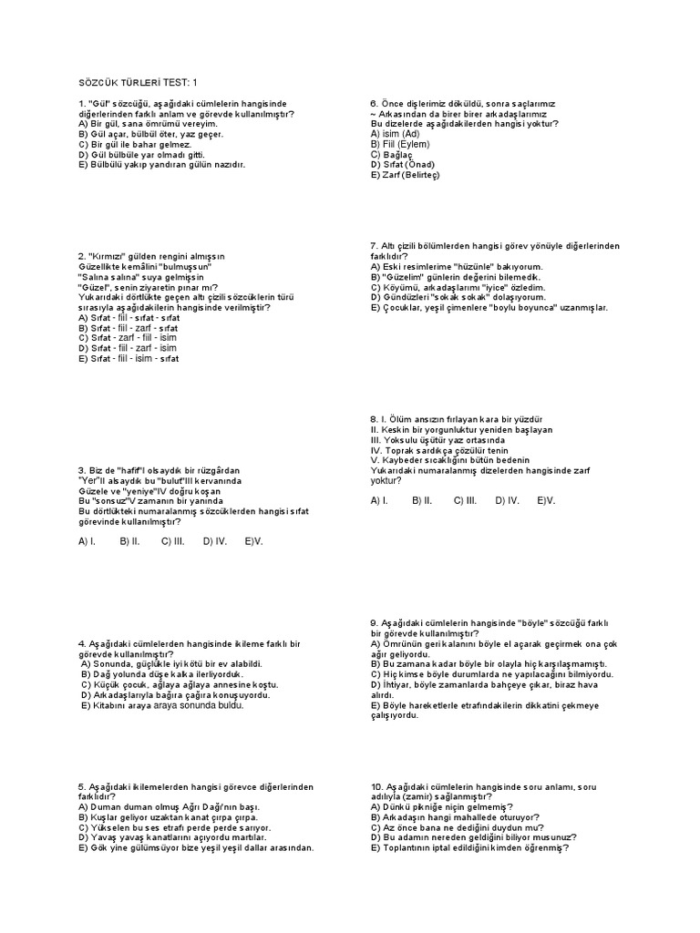 TÜRKÇETest 1 | PDF