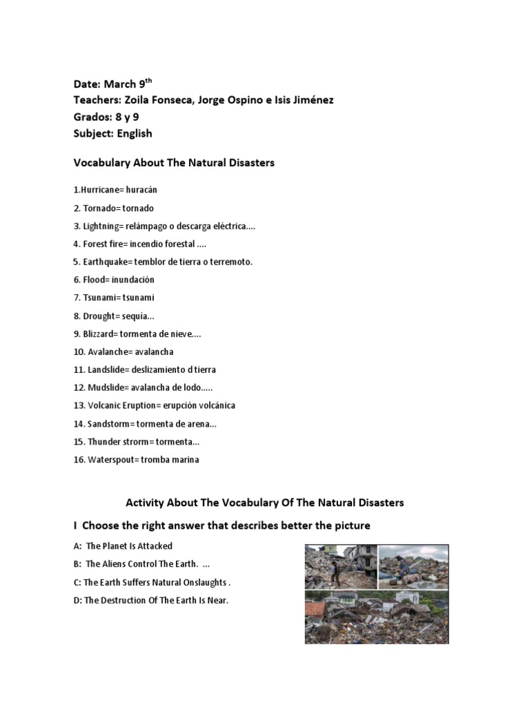 Natural Disasters Vocabulary Activity | PDF | Flood | Rain