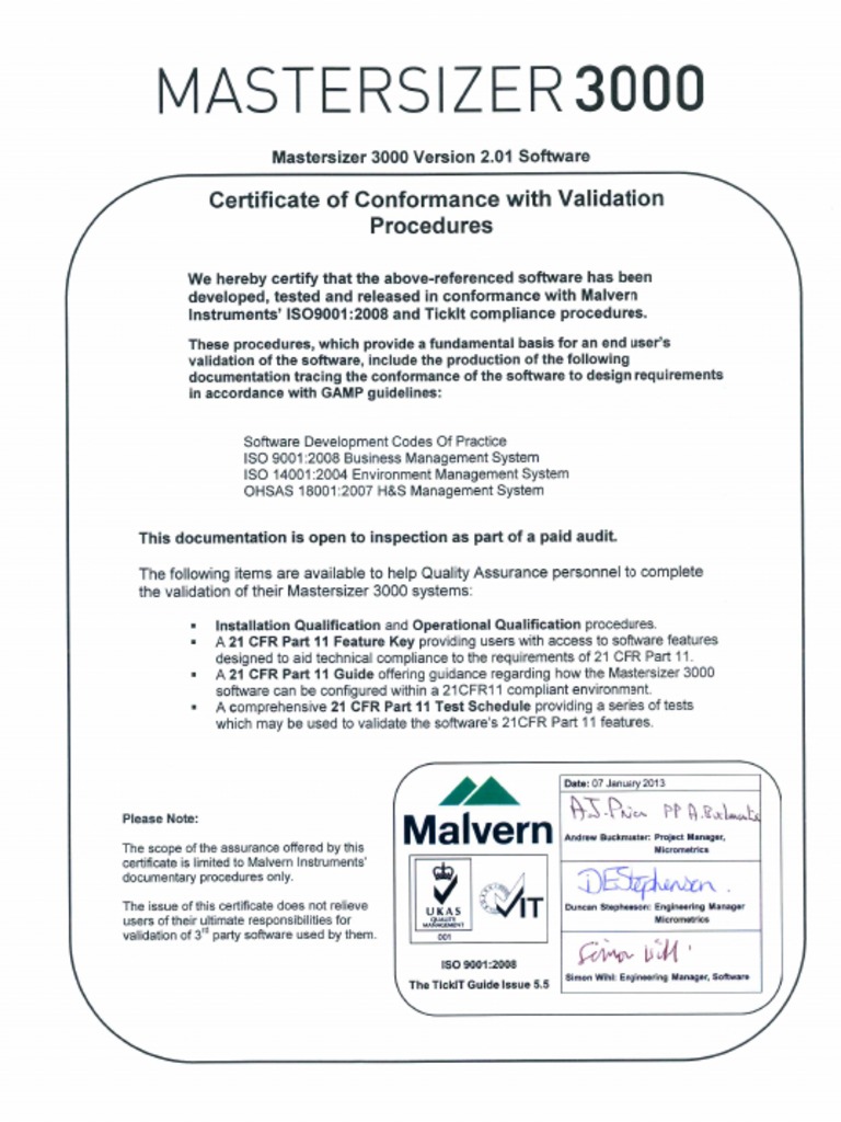 Mastersizer 3000 Software Certificate of Conformance (v2.01) | PDF