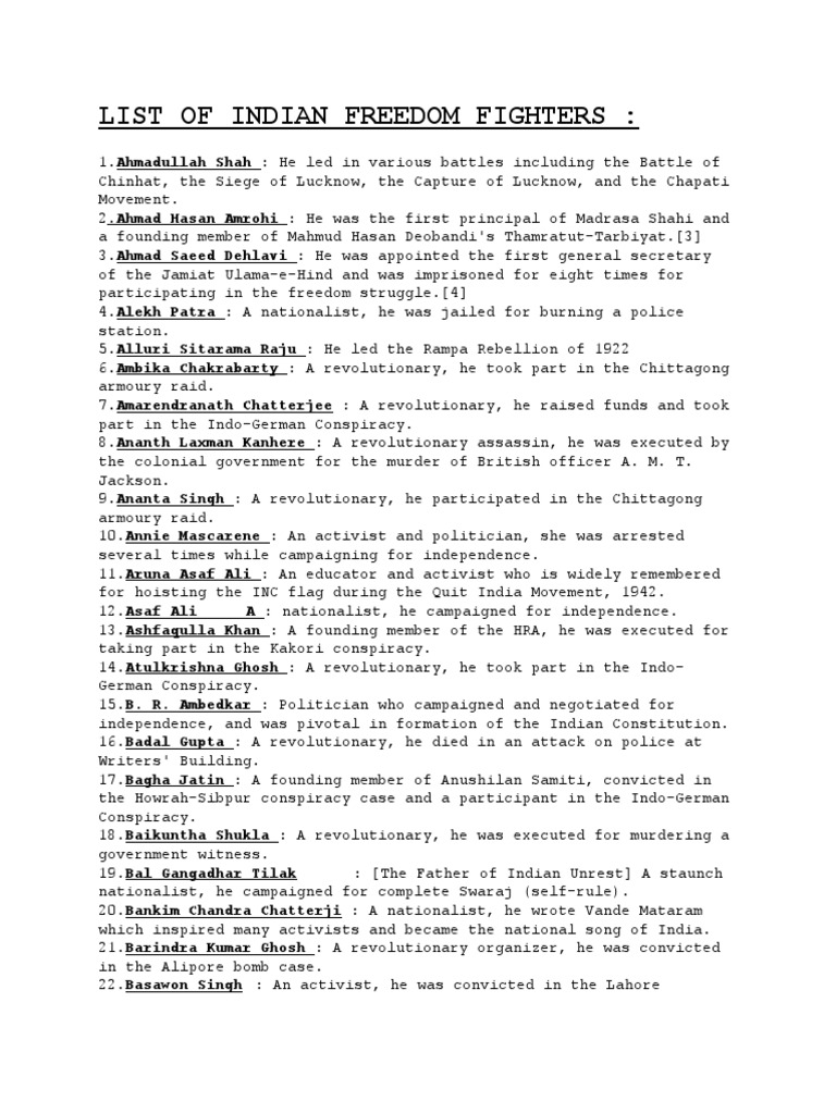 List of Indian Freedom Fighters | PDF | Indian Independence Movement ...
