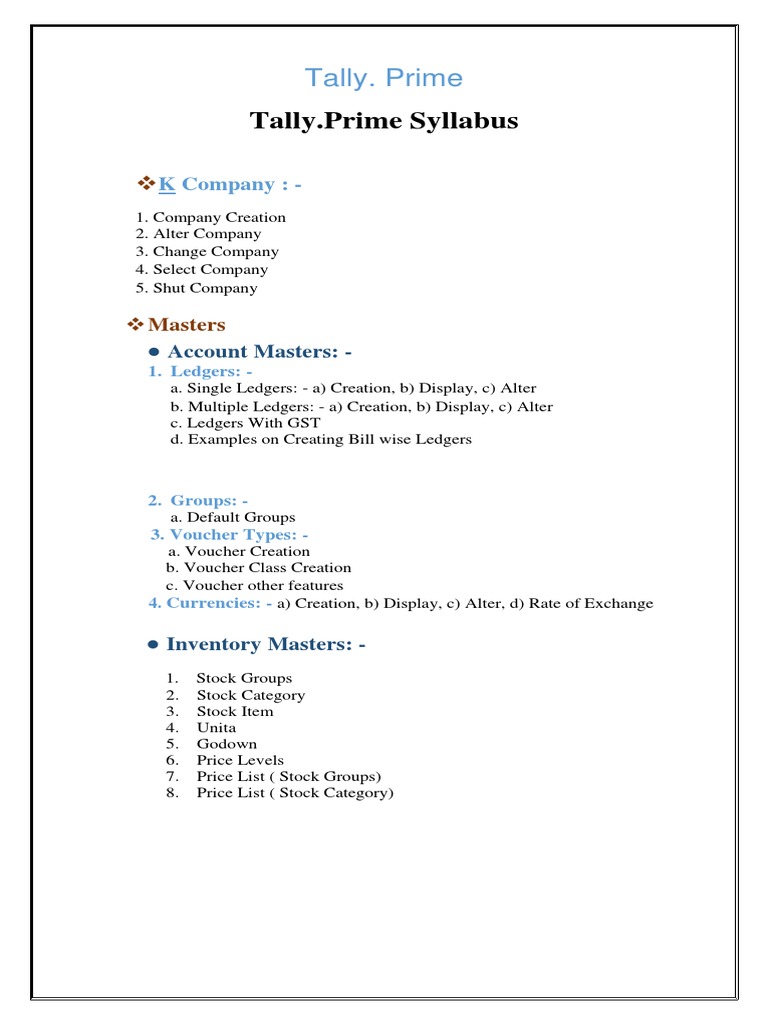 Tally Prime Syllabus Overview | PDF | Debits And Credits | Banks