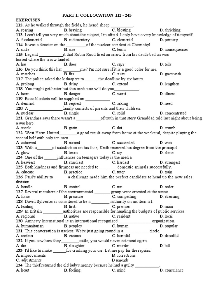 Collocation Exercises for Language Learners | PDF