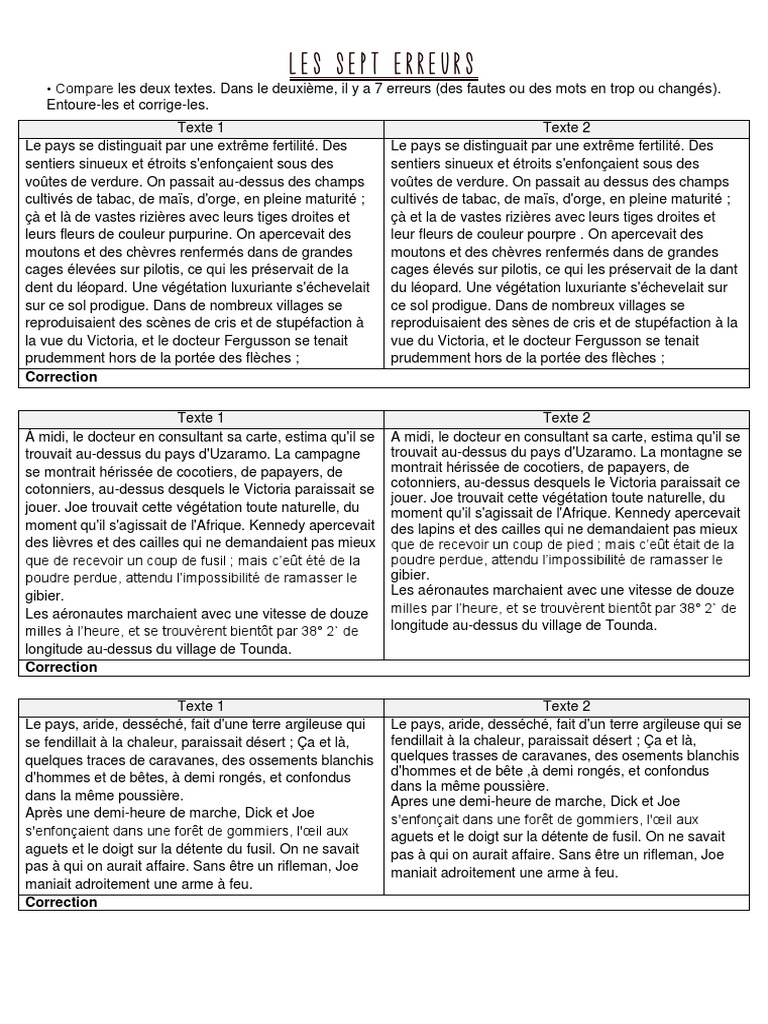 Textes Avec Fautes à Corriger Pdf Les Sept Erreurs 0 CORRIGER EN FRANCAIS | PDF