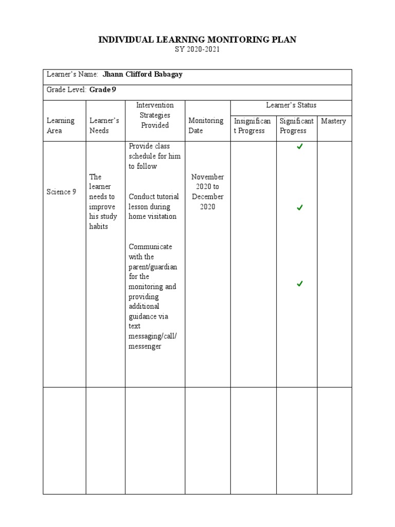 Individual Learning Monitoring Plan Template | PDF | Cognitive Science ...