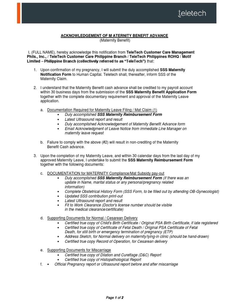 Acknowledgement Maternity Benefit With ATD PDF Childbirth Miscarriage