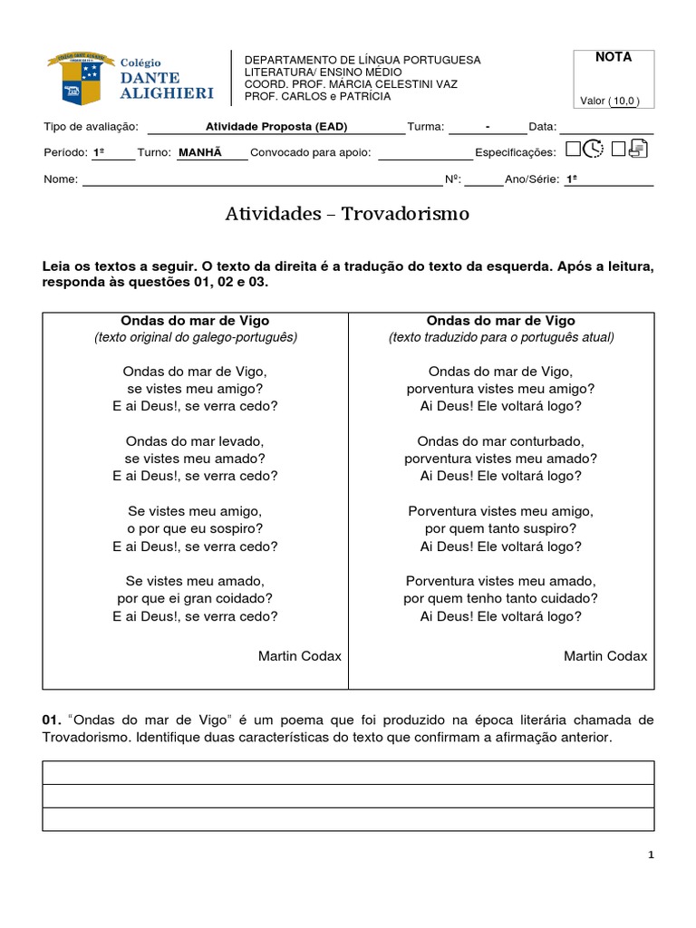 Atividades de Trovadorismo para Ensino Médio | PDF | Estudos de Línguas ...