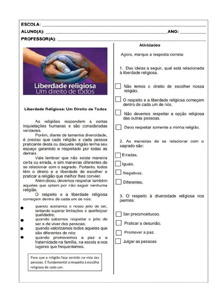 Atividade 9 Ano Ensino Religioso | PDF
