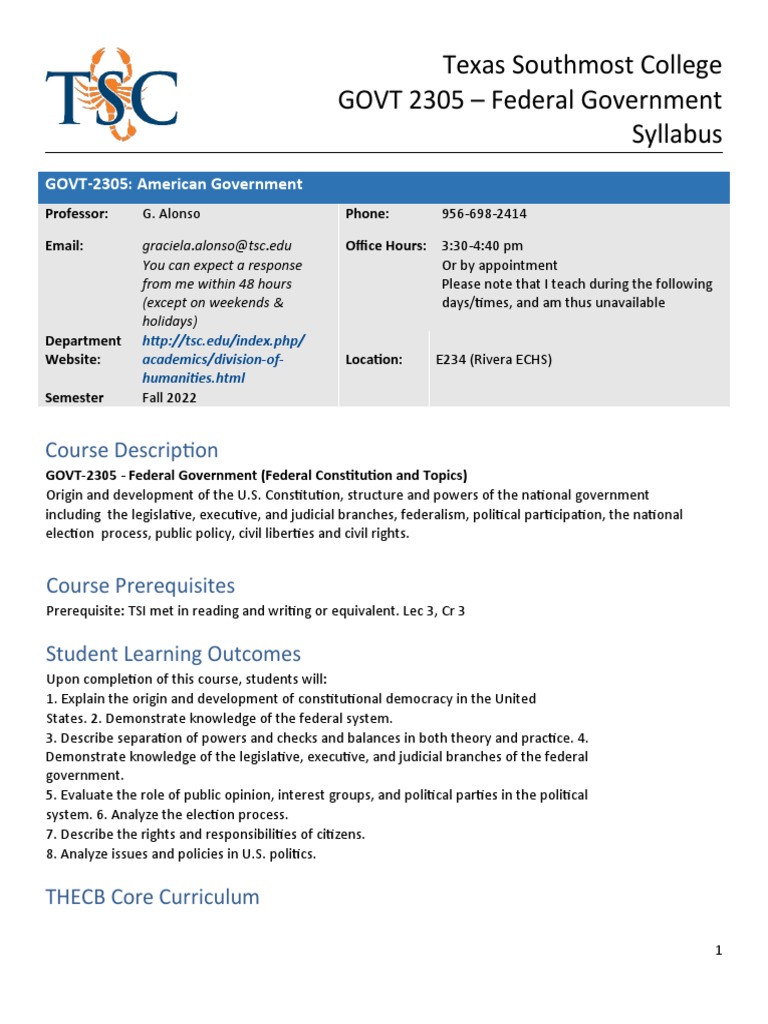 Texas Southmost College GOVT 2305 - Federal Government Syllabus ...