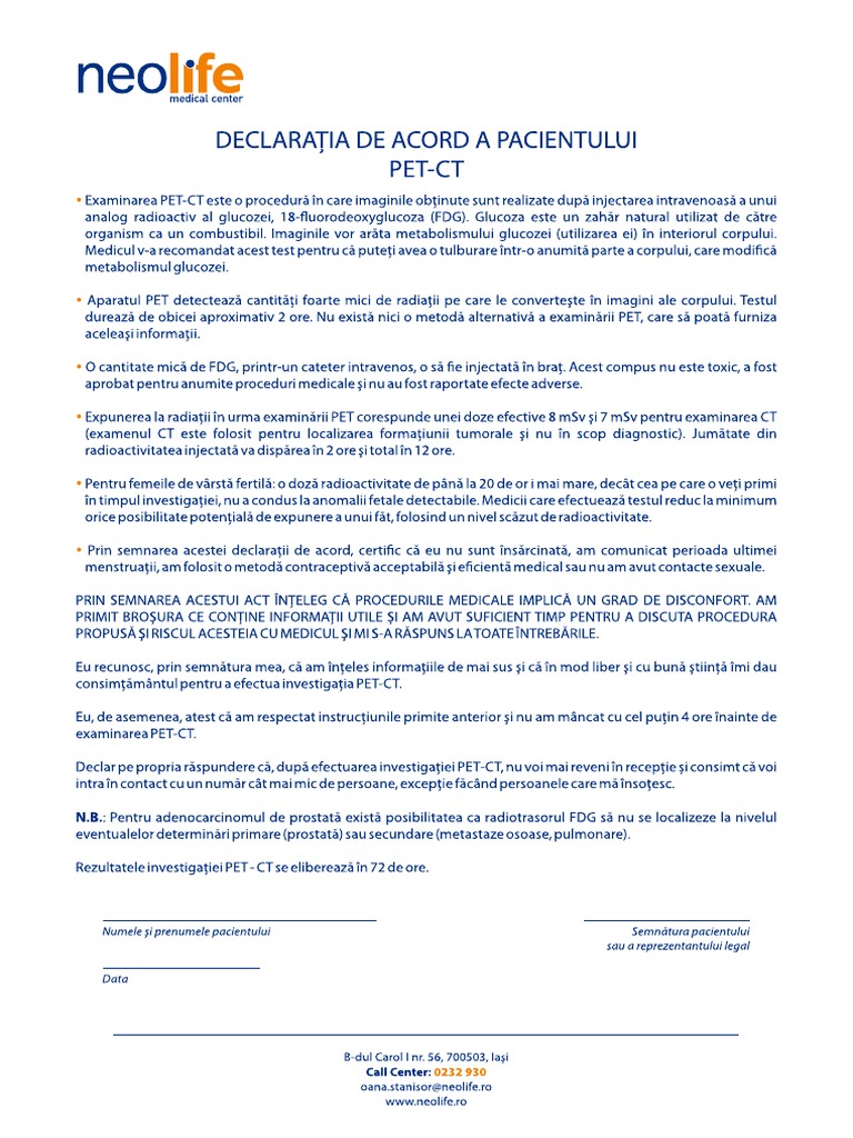 Declaratie de Acord A Pacientului Pentru Examinarea PET CT Iasi | PDF
