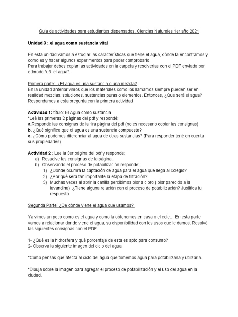 Actividades sobre el Agua en Ciencias Naturales | PDF | Agua | Agua potable