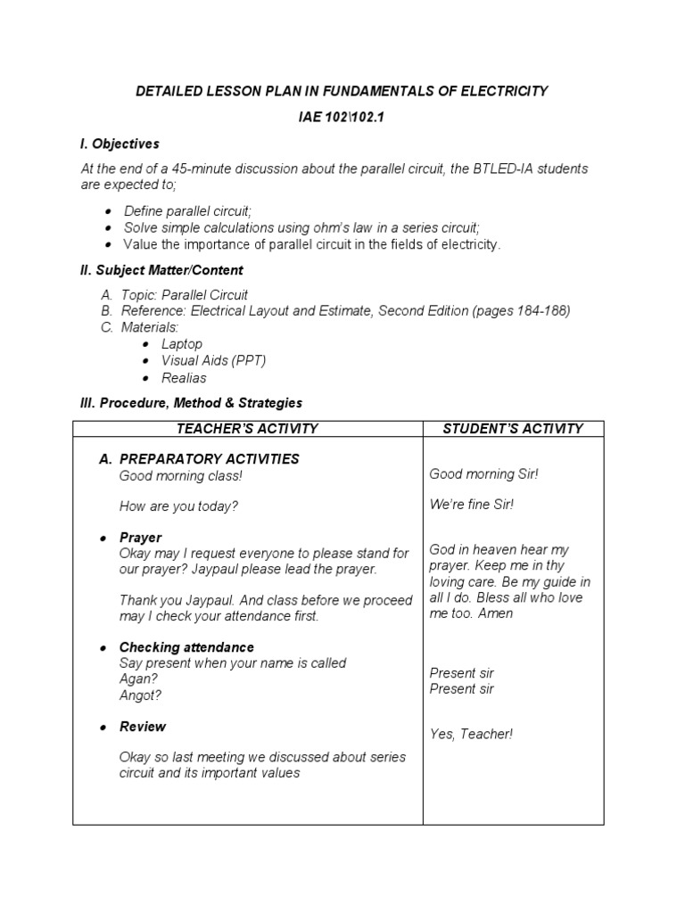 Detailed Lesson Plan in Fundamentals of Electricity IAE 102/102.1 I ...