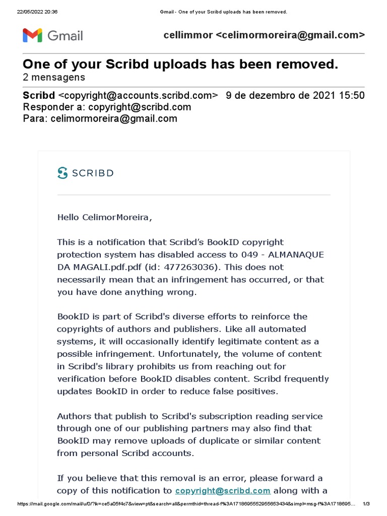 Gmail - One of Your Scribd Uploads Has Been Removed | PDF | Scribd | Gmail