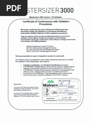 Mastersizer 3000 Software Certificate of Conformance (v1.20)