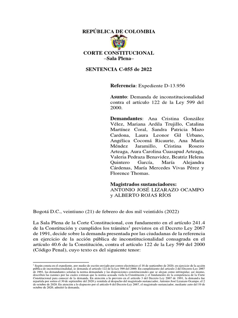 Sentencia C-055 de 2022. Expediente D-13.956 - Despenalización Aborto