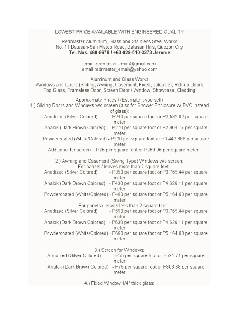 Aluminum and Glass Pricing Guide | PDF | Volume | Window