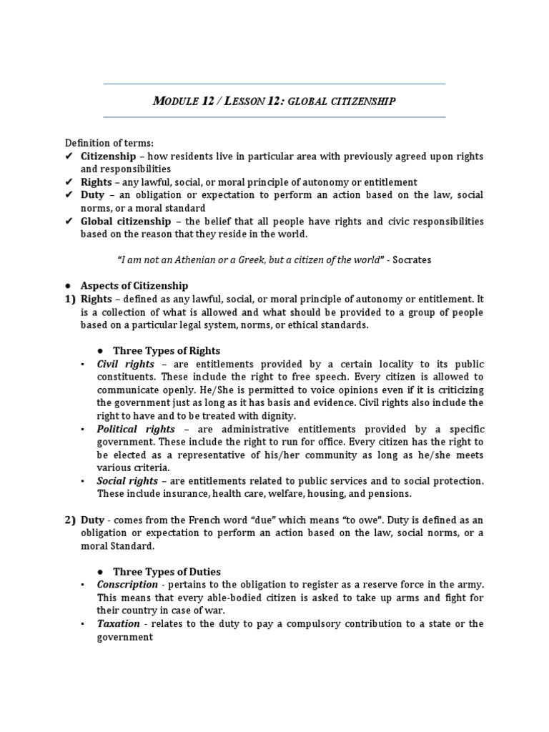 Global Citizenship: Rights and Responsibilities | PDF | Citizenship ...
