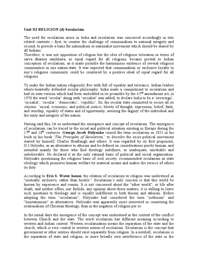 Unit Ii D Secularism Pdf Secularism Atheism