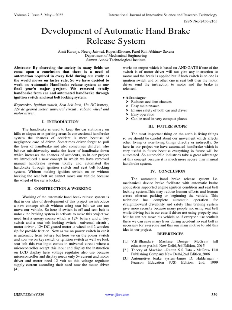 Development of Automatic Hand Brake Release System PDF Seat Belt