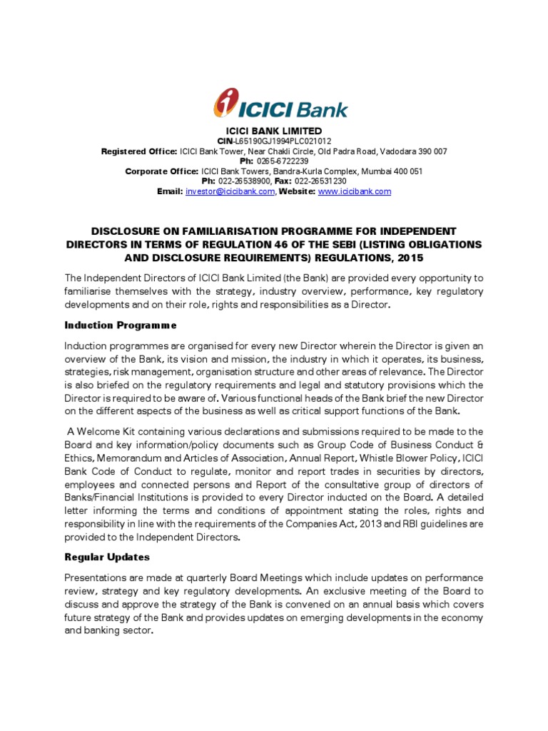 ICICI Bank Independent Directors' Training | PDF | Banks | Reserve Bank ...