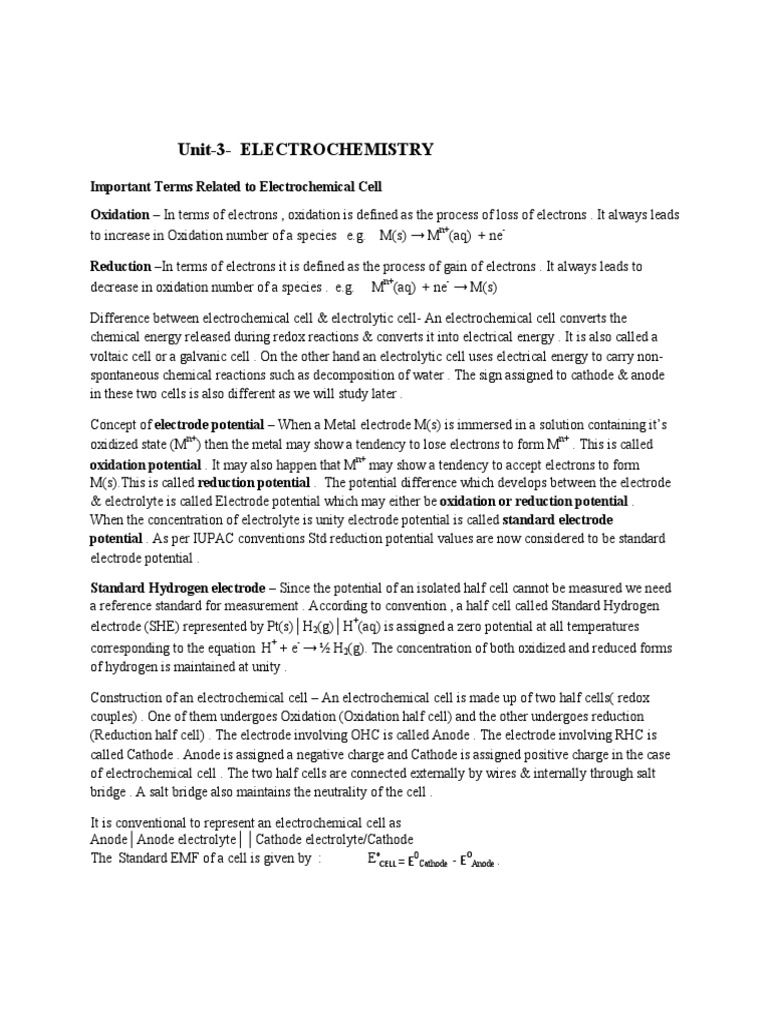 Unit 3 Electrochemistry PDF Redox Electrochemistry